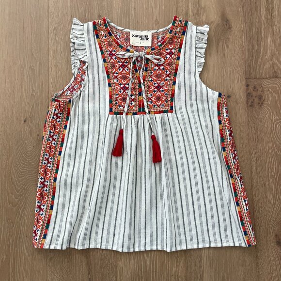 Savanna Jane Blouse Shirt Women Large Embroidered Linen Blend Tassel 16631 - Picture 4 of 13